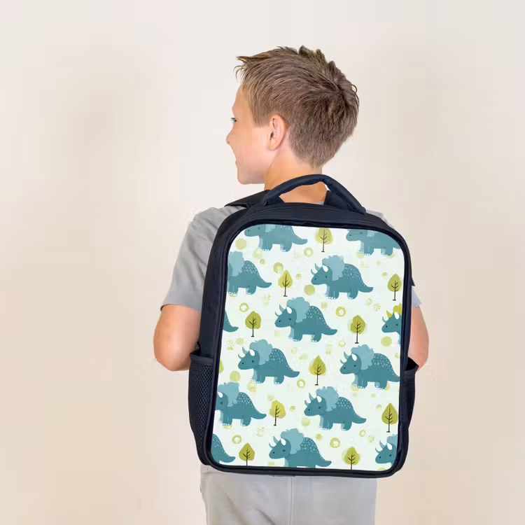 Kids backpack - Black - Triceratop - Blue - Dots - Trees — 2