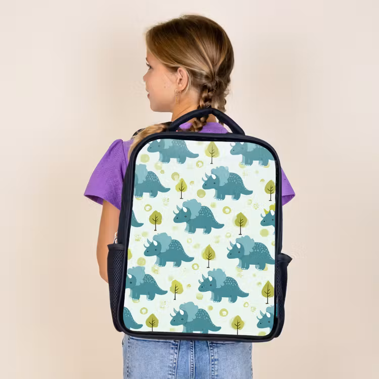Kids backpack - Black - Triceratop - Blue - Dots - Trees — 4