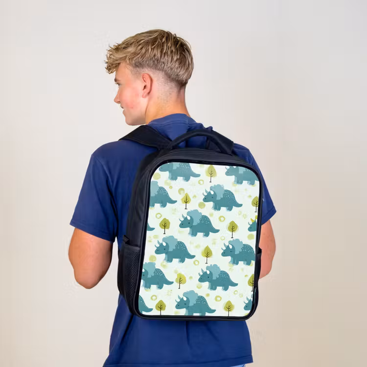 Kids backpack - Black - Triceratop - Blue - Dots - Trees — 5