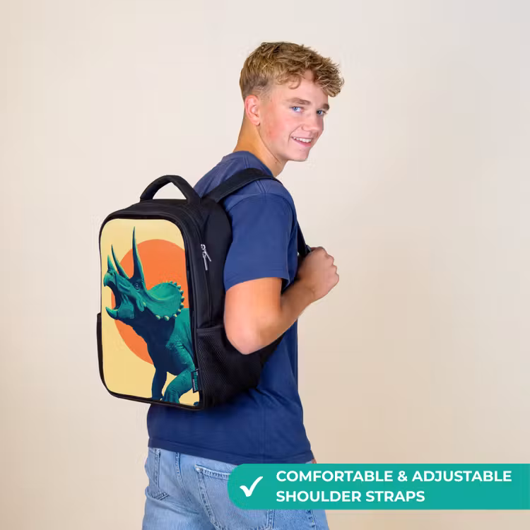 Kids backpack - Black - Triceratops - Circle - Orange - Horns — 11
