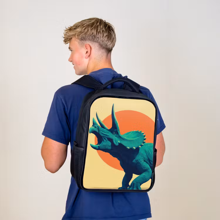 Kids backpack - Black - Triceratops - Circle - Orange - Horns — 5