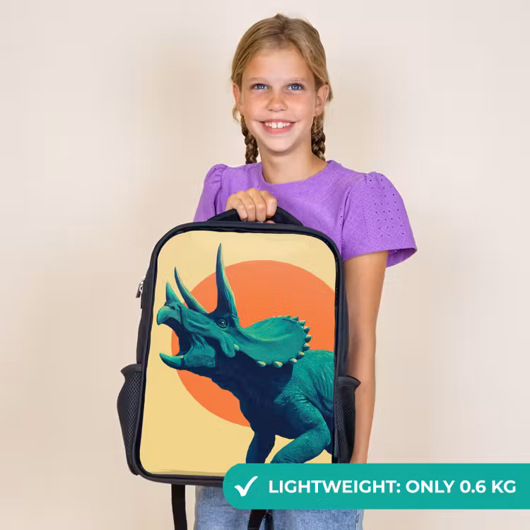 Kids backpack - Black - Triceratops - Circle - Orange - Horns — 9