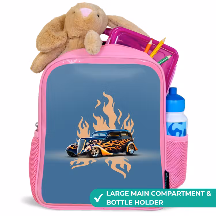 Kids backpack - Pink - Black car with beige flames — 2