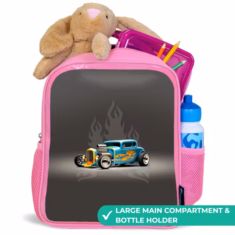 Kids backpack - Pink - Blue car with gray flames — 2