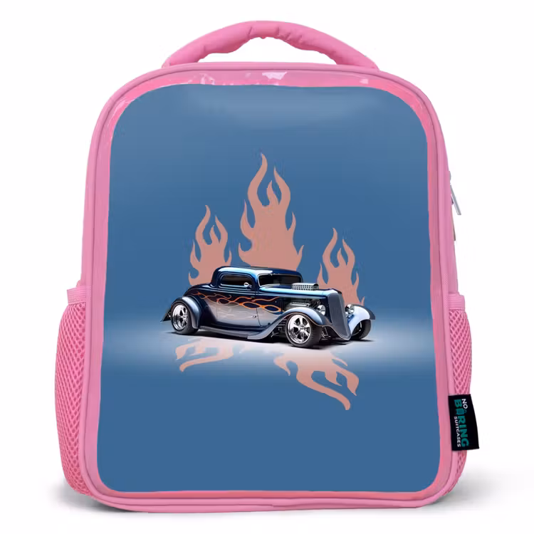 Kids backpack - Pink - Blue car with pink flames — 1