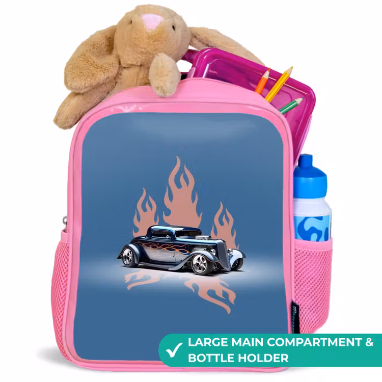 Kids backpack - Pink - Blue car with pink flames — 2