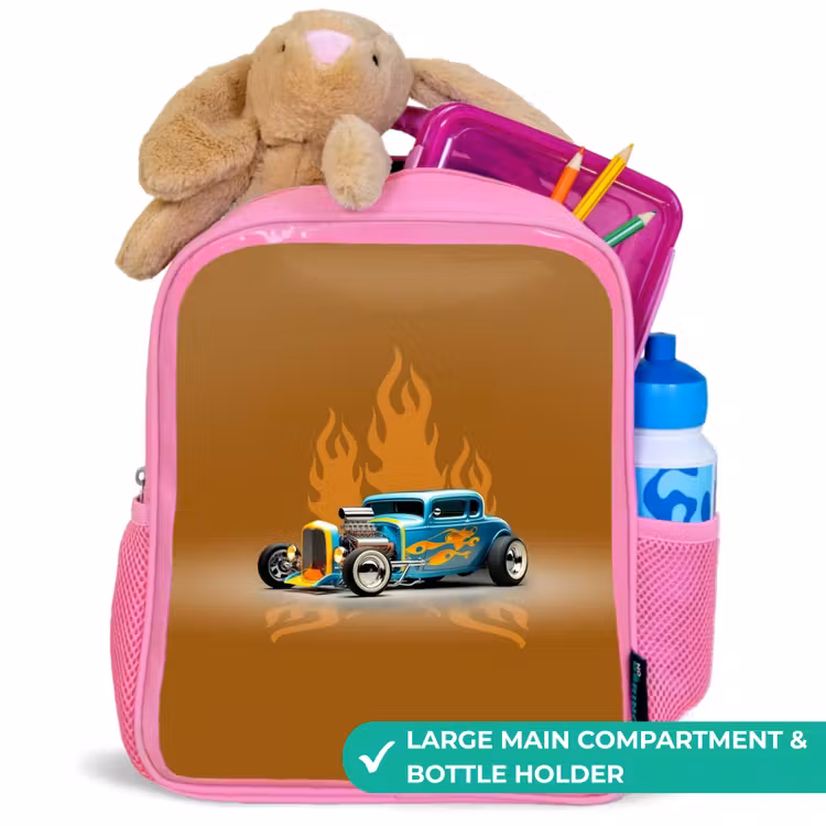 Kids backpack - Pink - Blue car with yellow flames — 2