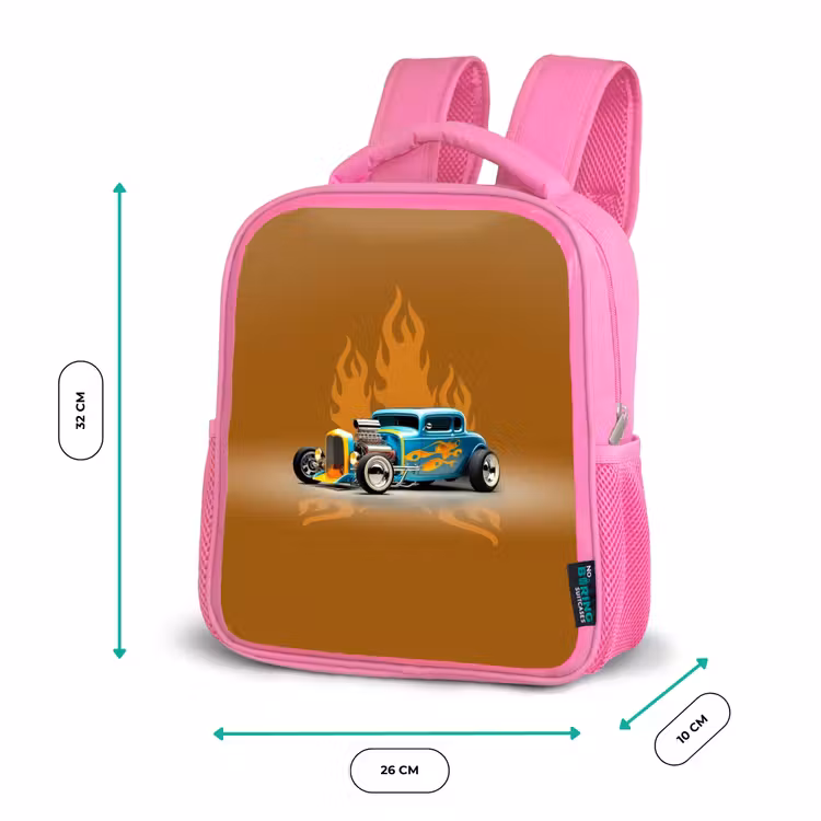 Kids backpack - Pink - Blue car with yellow flames — 3