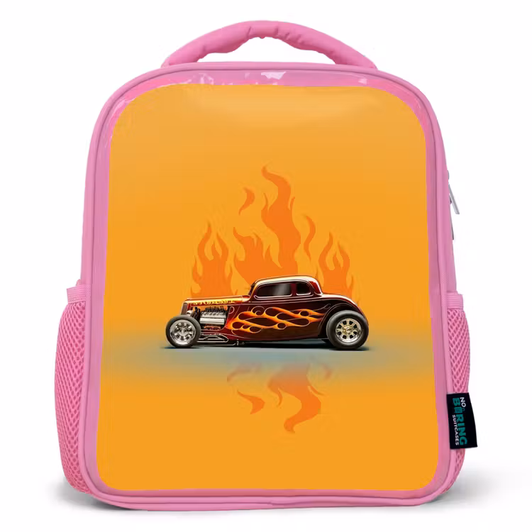 Kids backpack - Pink - Brown car with yellow flames — 1