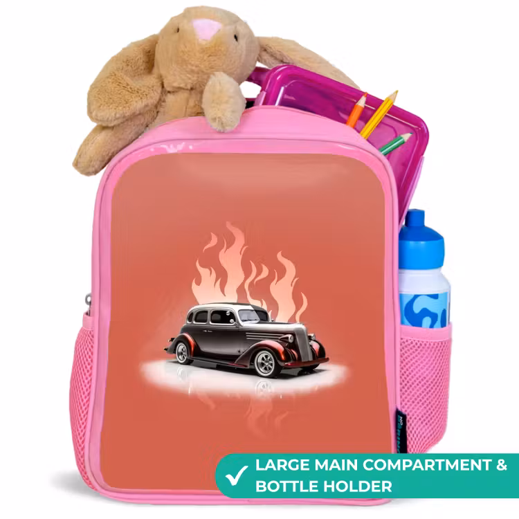 Kids backpack - Pink - Gray car with pink flames — 2