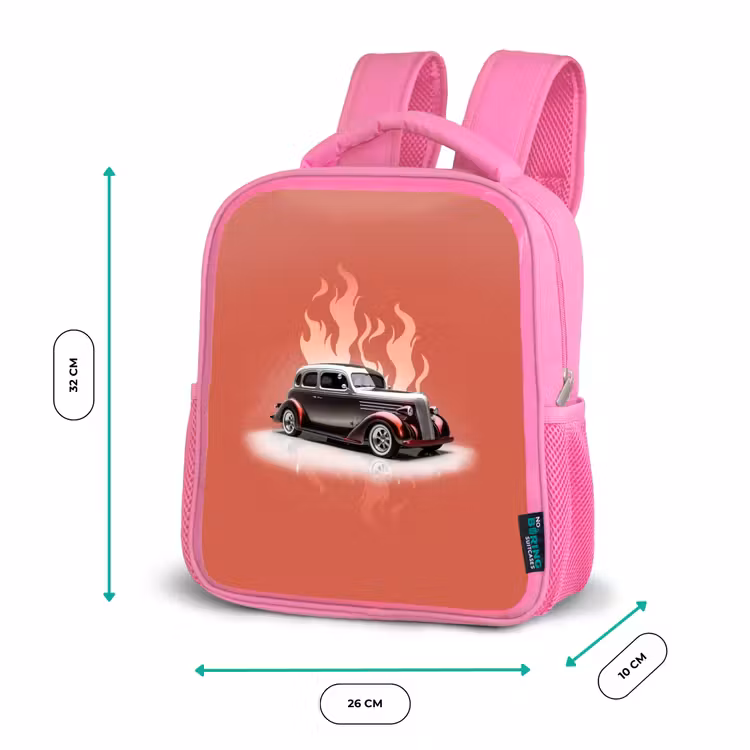 Kids backpack - Pink - Gray car with pink flames — 3