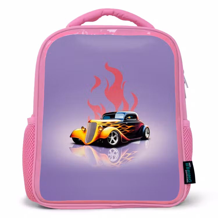 Kids backpack - Pink - Yellow car with pink flames — 1