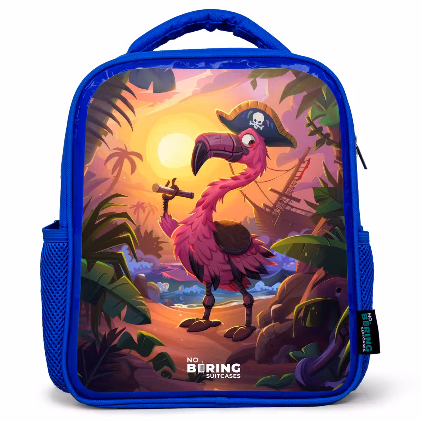 Kids backpack - Blue - Pirate flamingo on a tropical pad — 1