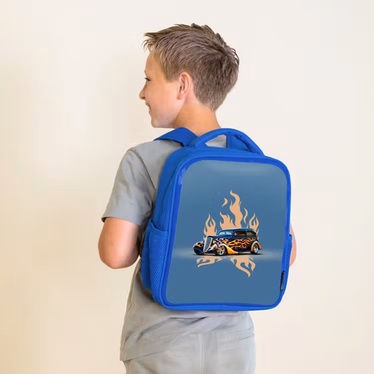 Kids backpack - Blue - Black car with beige flames — 2