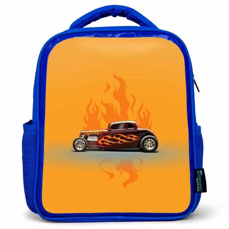 Kids backpack - Blue - Brown car with yellow flames — 1