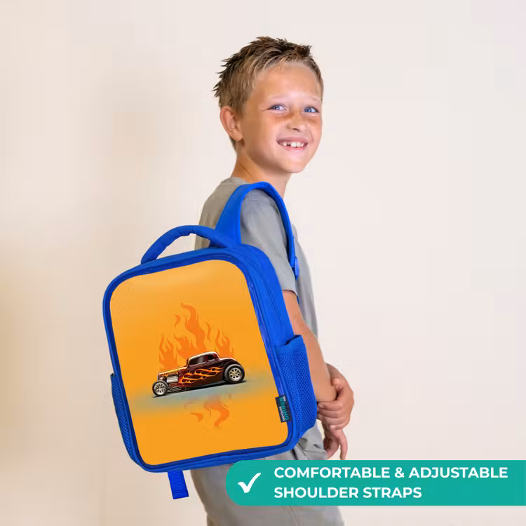 Kids backpack - Blue - Brown car with yellow flames — 4