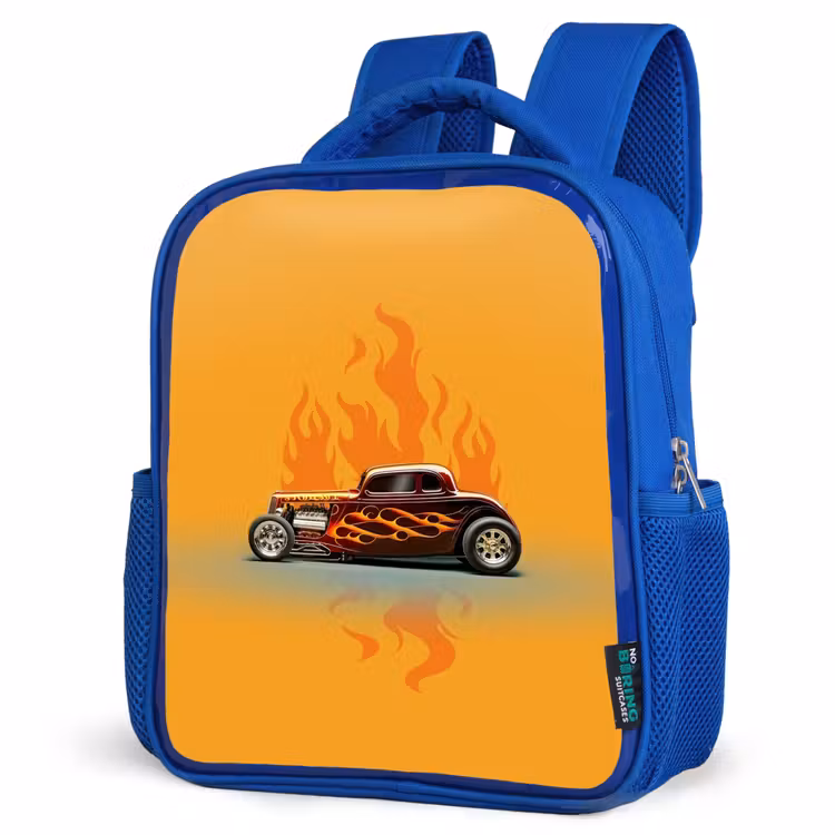 Kids backpack - Blue - Brown car with yellow flames — 7