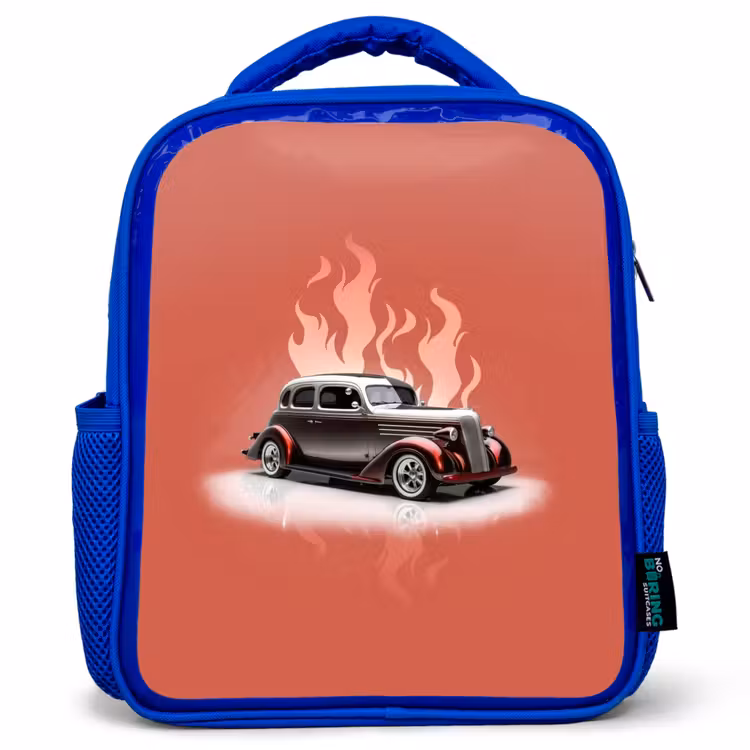Kids backpack - Blue - Gray car with pink flames — 1