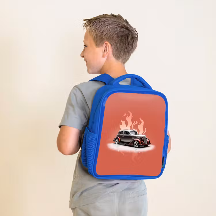 Kids backpack - Blue - Gray car with pink flames — 2