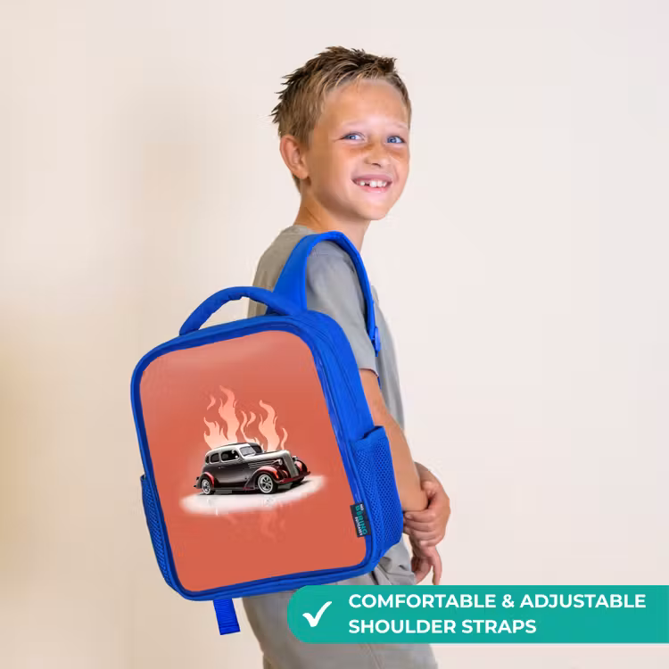 Kids backpack - Blue - Gray car with pink flames — 4