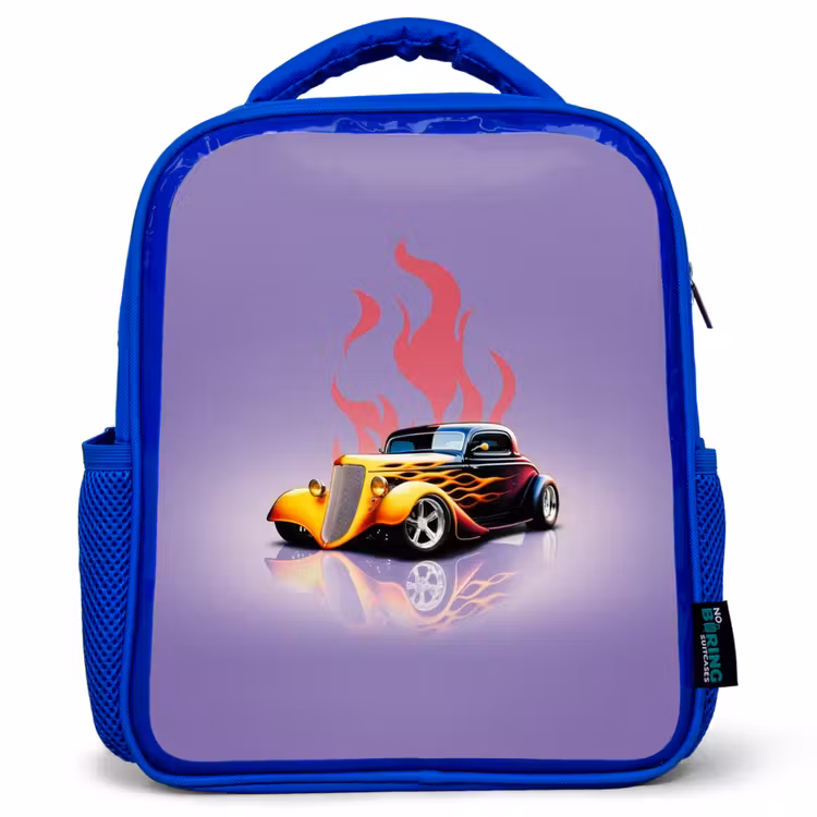 Kids backpack - Blue - Yellow car with pink flames — 1