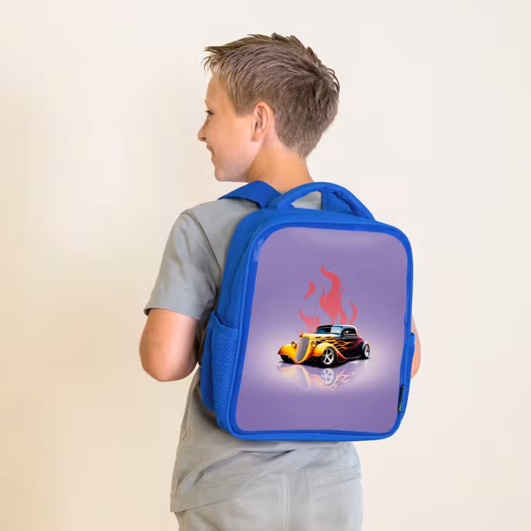 Kids backpack - Blue - Yellow car with pink flames — 2