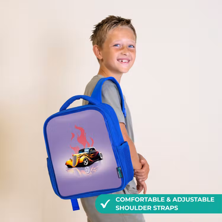 Kids backpack - Blue - Yellow car with pink flames — 4