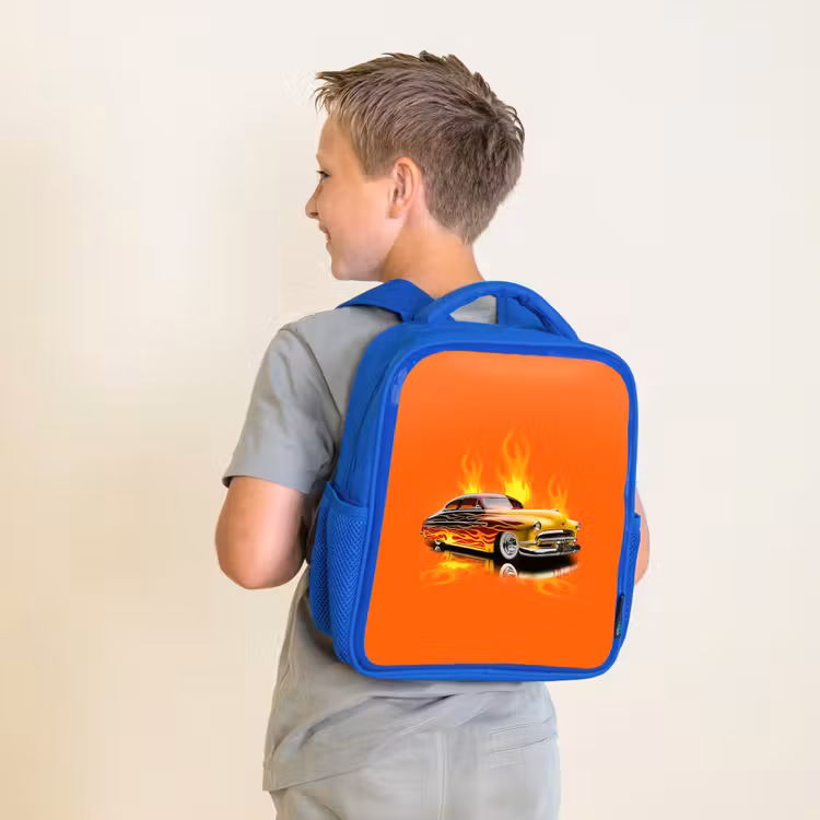 Kids backpack - Blue - Yellow car with yellow flames — 2