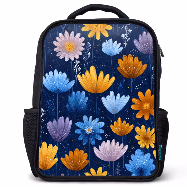 Kids backpack - Black - Flowers - Pattern - Blue - Contrast — 1