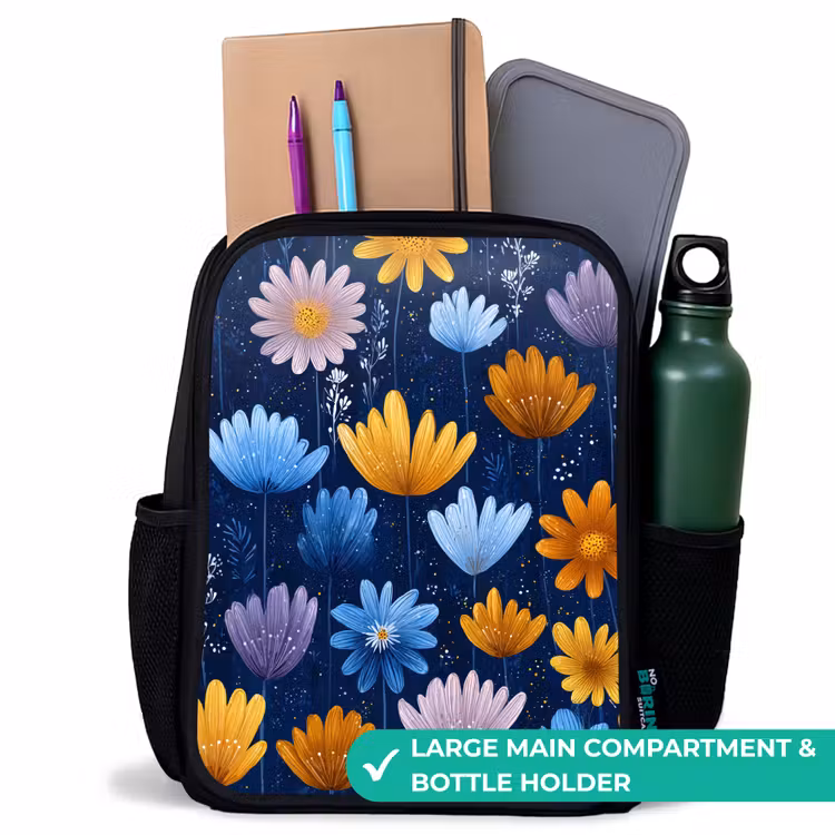 Kids backpack - Black - Flowers - Pattern - Blue - Contrast — 10