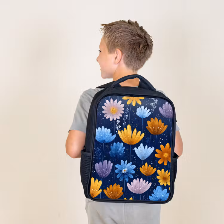 Kids backpack - Black - Flowers - Pattern - Blue - Contrast — 2
