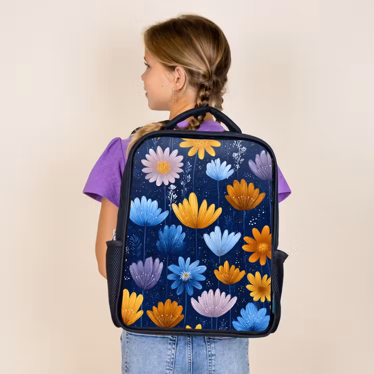 Kids backpack - Black - Flowers - Pattern - Blue - Contrast — 4