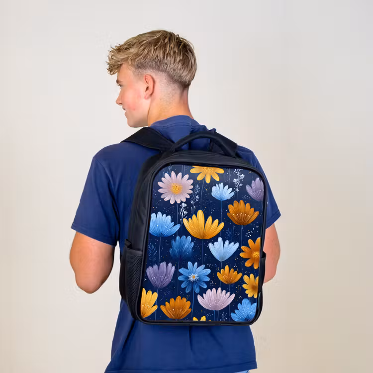 Kids backpack - Black - Flowers - Pattern - Blue - Contrast — 5