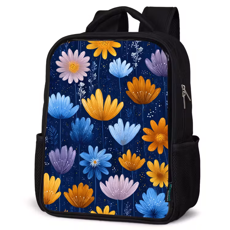 Kids backpack - Black - Flowers - Pattern - Blue - Contrast — 6