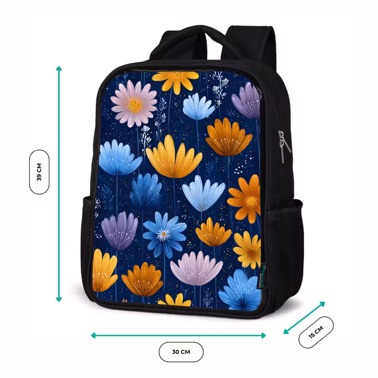 Kids backpack - Black - Flowers - Pattern - Blue - Contrast — 8