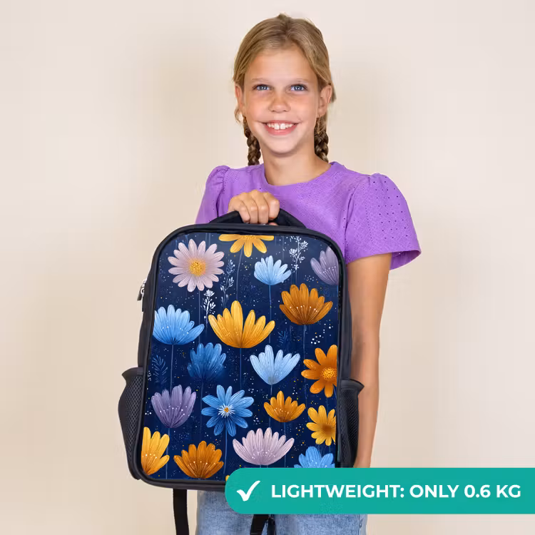 Kids backpack - Black - Flowers - Pattern - Blue - Contrast — 9