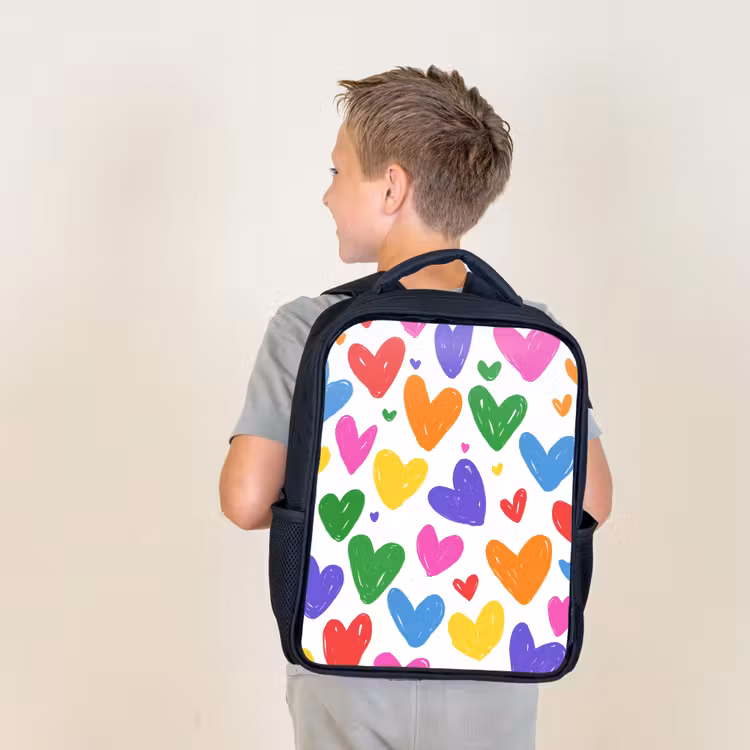 Kids backpack - Black - Hearts - Pattern - Colorful — 2