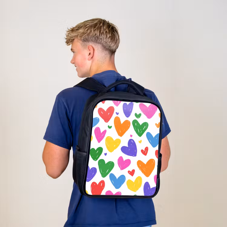 Kids backpack - Black - Hearts - Pattern - Colorful — 5