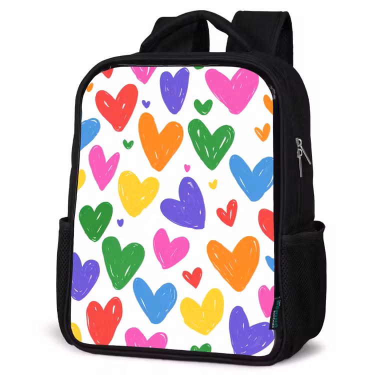 Kids backpack - Black - Hearts - Pattern - Colorful — 6
