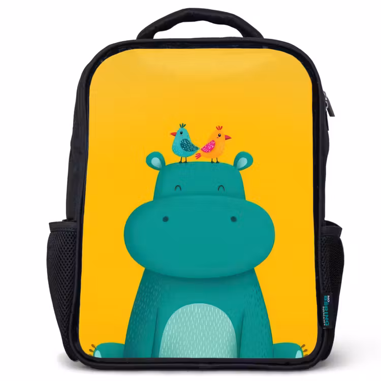 Kids backpack - Black - Hippo - Birds - Green - Yellow — 1