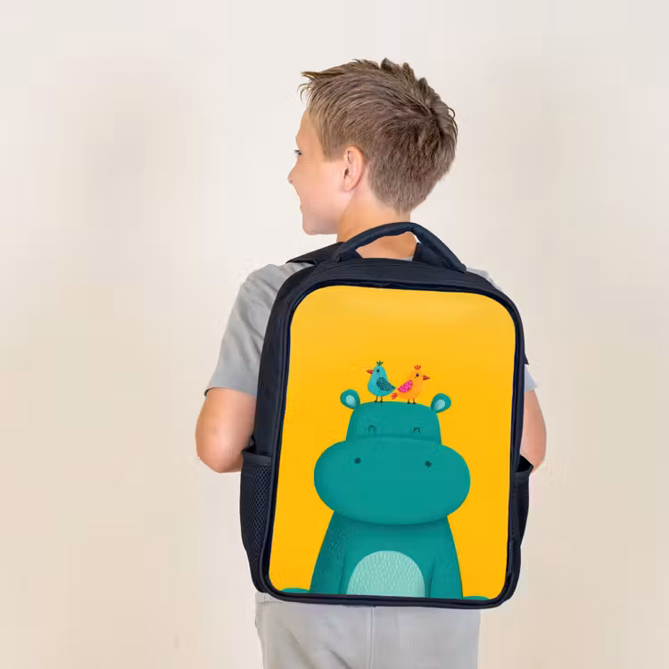 Kids backpack - Black - Hippo - Birds - Green - Yellow — 2