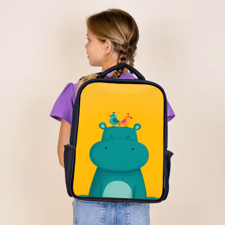 Kids backpack - Black - Hippo - Birds - Green - Yellow — 4