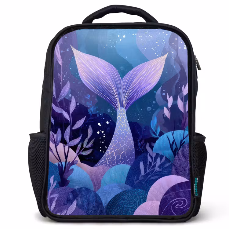 Kids backpack - Black - Mermaid tail - Underwater plants - Purple - Blue — 1