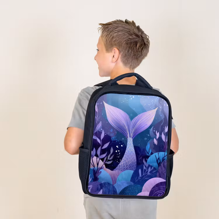 Kids backpack - Black - Mermaid tail - Underwater plants - Purple - Blue — 2