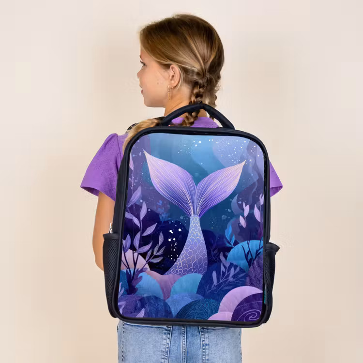 Kids backpack - Black - Mermaid tail - Underwater plants - Purple - Blue — 4