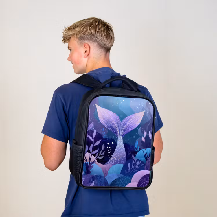 Kids backpack - Black - Mermaid tail - Underwater plants - Purple - Blue — 5