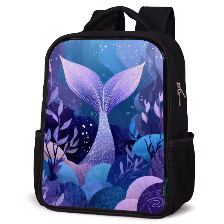 Kids backpack - Black - Mermaid tail - Underwater plants - Purple - Blue — 6