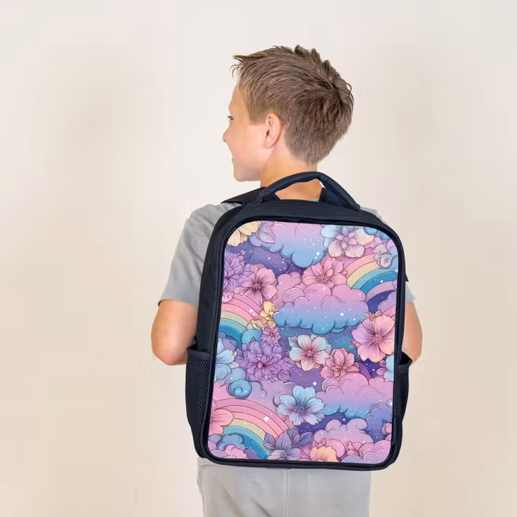 Kids backpack - Black - Rainbows - Flowers - Colorful - Clouds — 2