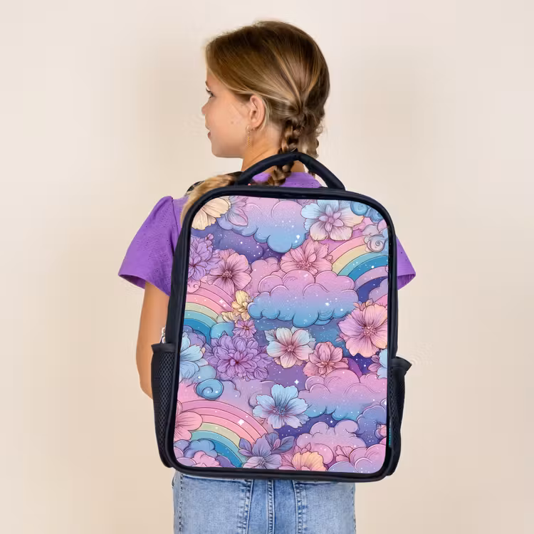 Kids backpack - Black - Rainbows - Flowers - Colorful - Clouds — 4