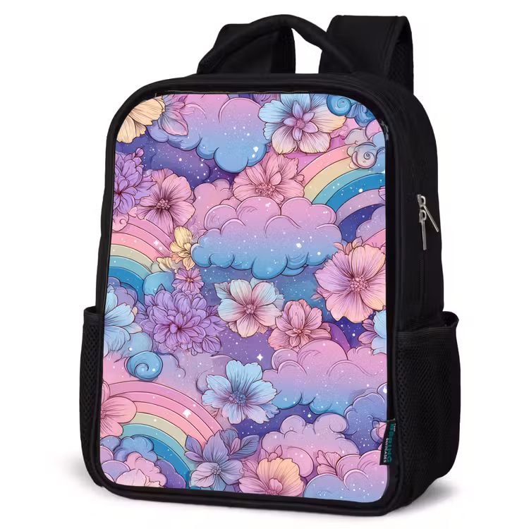 Kids backpack - Black - Rainbows - Flowers - Colorful - Clouds — 6